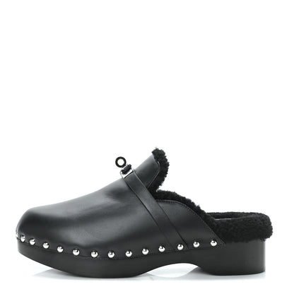 Hermes Calfskin Woolskin Carlotta Mules 38 Black 1 of 7