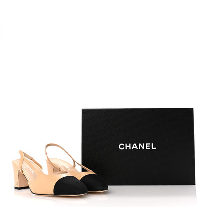 Chanel Goatskin Grosgrain Cap Toe CC Slingback Pumps 40 Beige Black 10 of 10