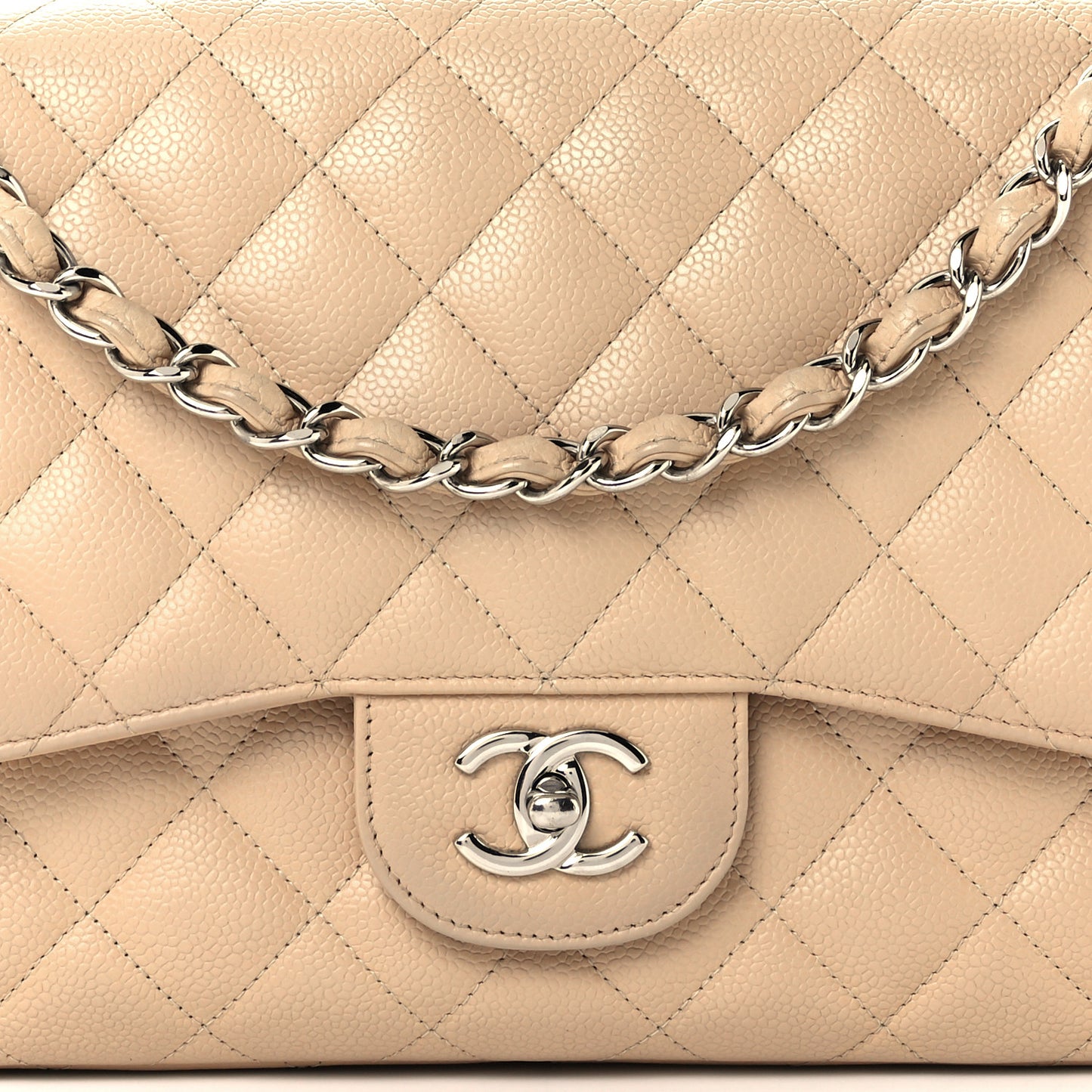 Caviar Quilted Jumbo Double Flap Light Beige