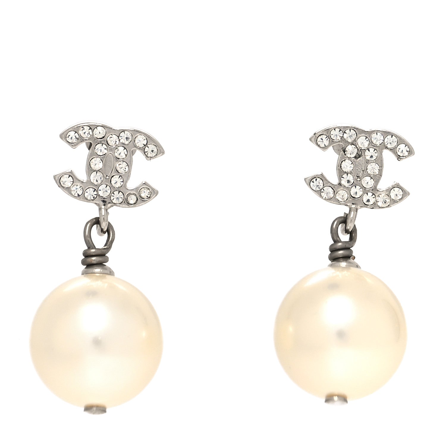 Chanel Crystal Pearl CC Drop Earrings Silver Pearly White 1 of 4