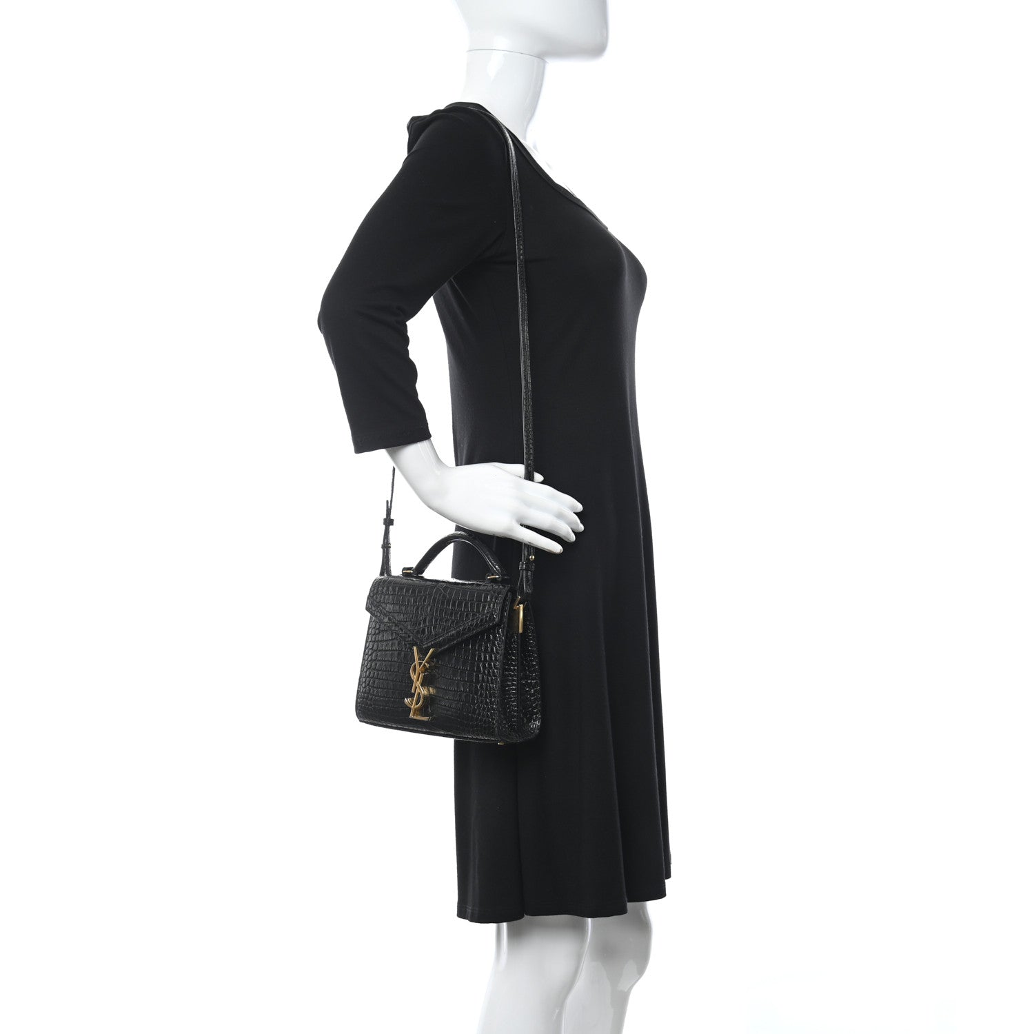 Saint Laurent Calfskin Crocodile Embossed Mini Classic Monogram Cassandra Top Handle Black 2 of 10
