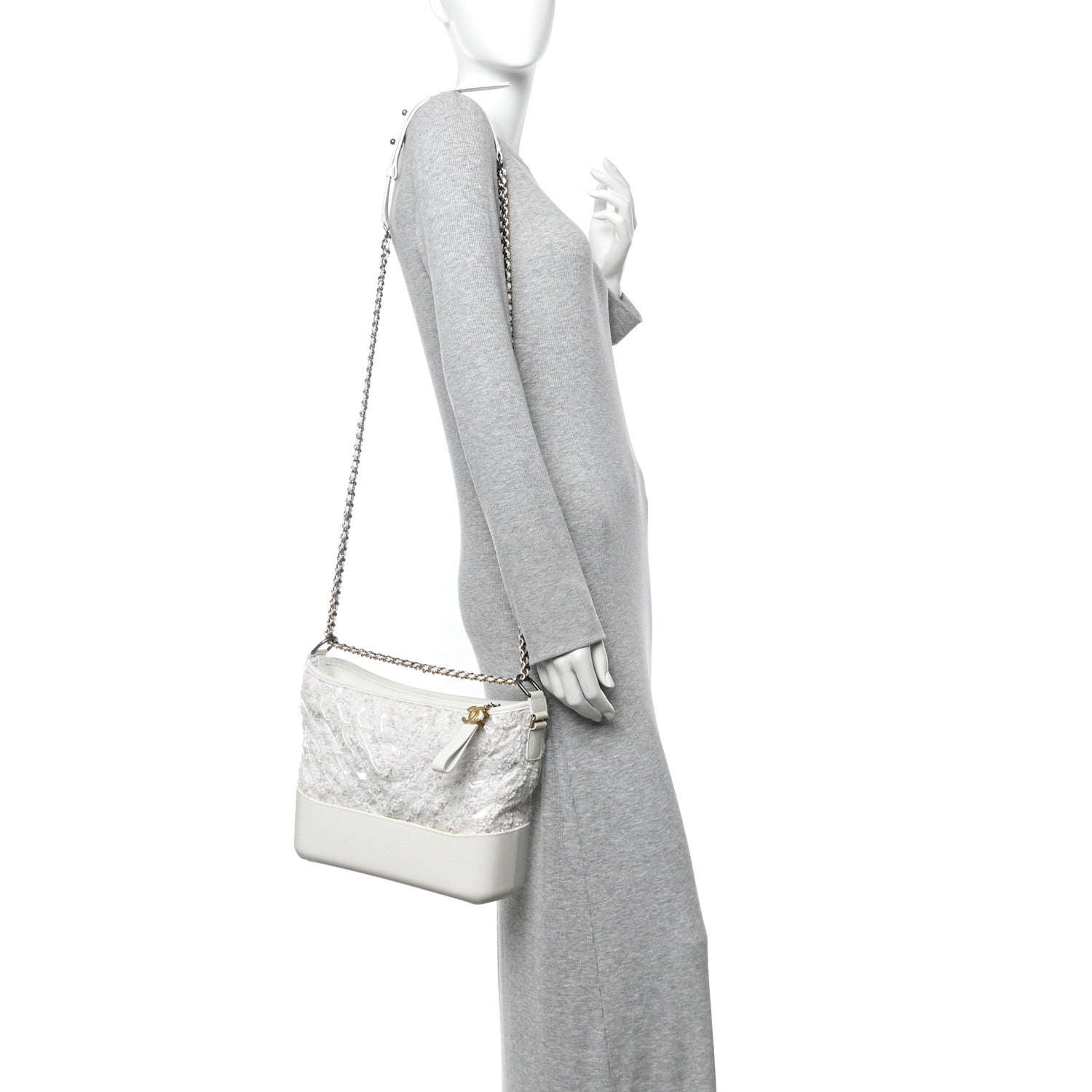 Chanel Tweed PVC Patent Chevron Quilted Medium Gabrielle Hobo White 2 of 11