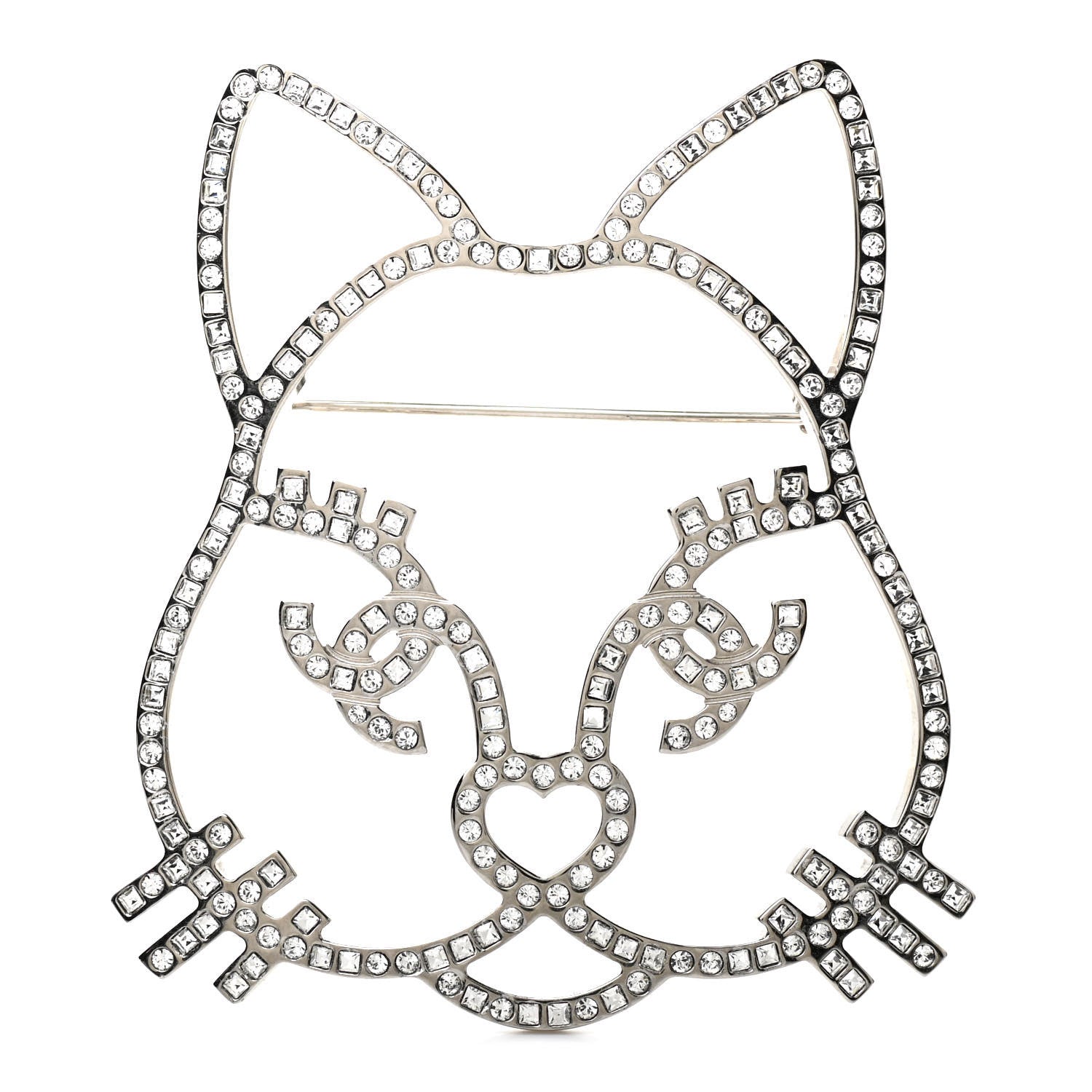 Chanel Strass Crystal Emoji Choupette Cat Brooch Silver 1 of 4