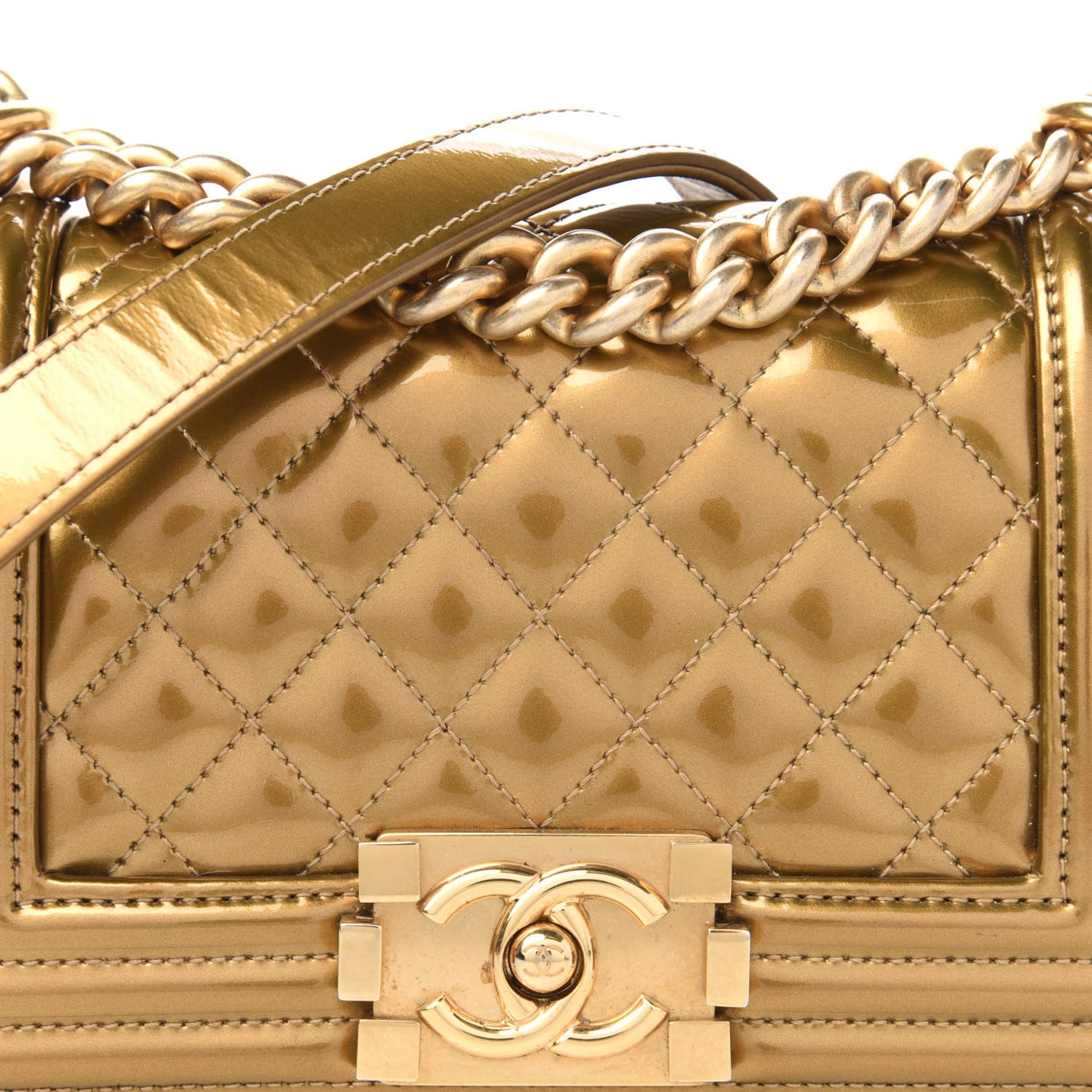 Metallic Patent Calfskin Quilted Small Boy Flap Gold