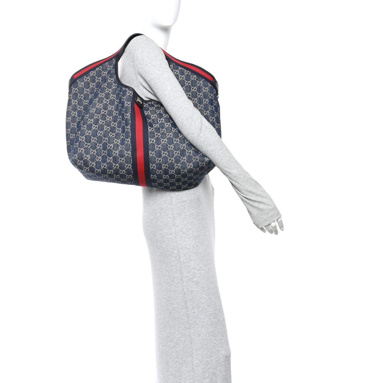 Gucci Denim GG Monogram Web Large Giglio Tote Blue 2 of 9