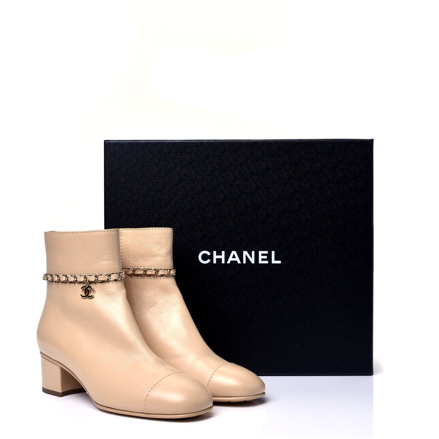 Calfskin Cap Toe Chain Short Boots 37 Beige