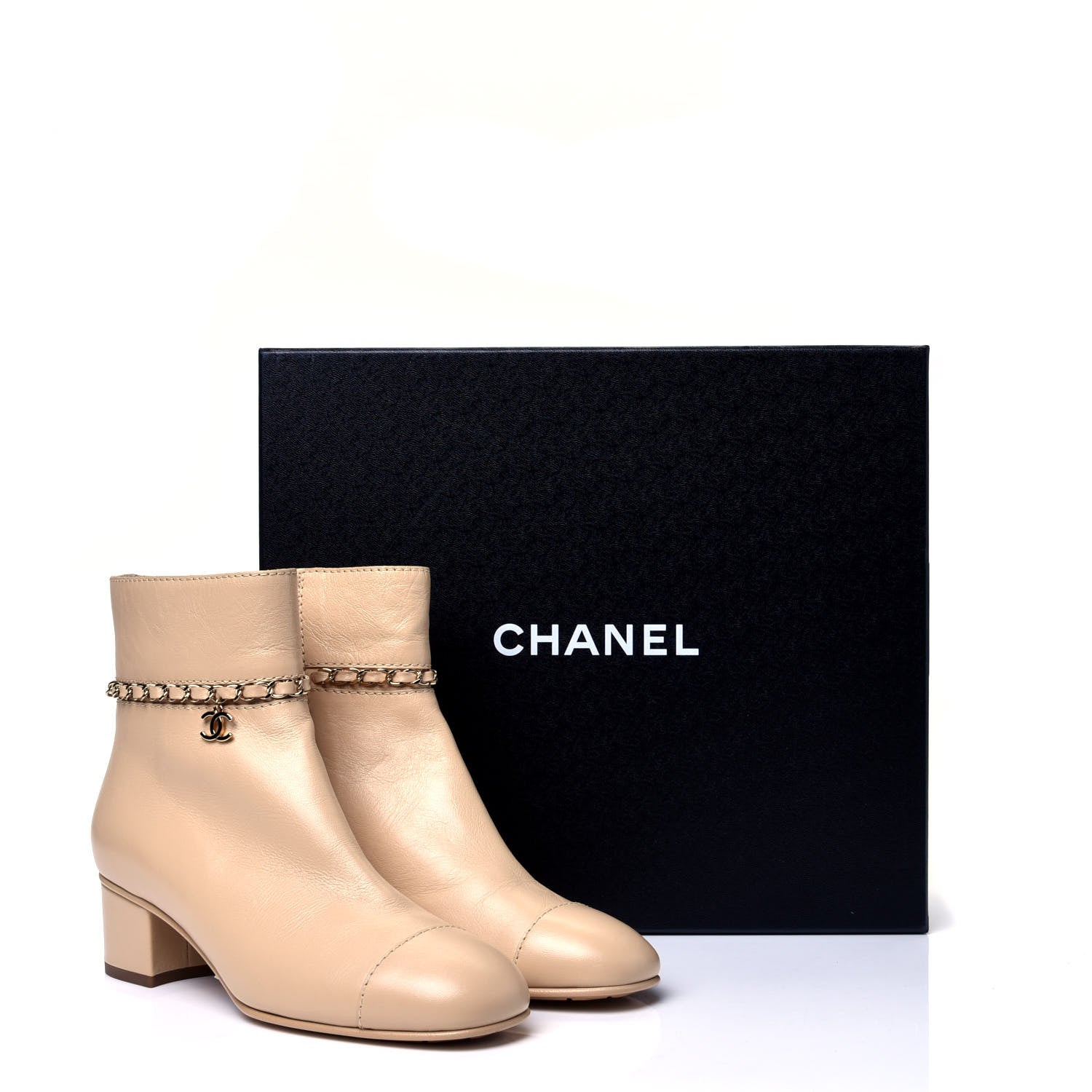 Chanel Calfskin Cap Toe Chain Short Boots 37 Beige 11 of 11