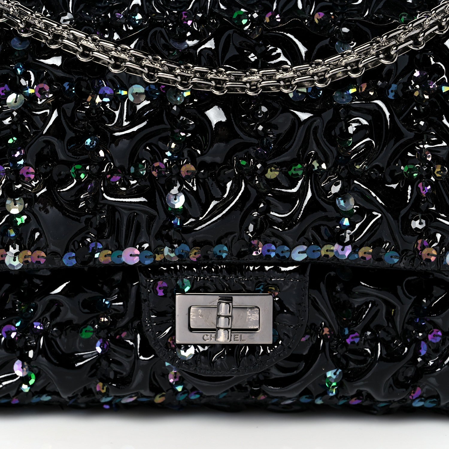 Chanel Patent Sequin Crystal Ruched 2.55 Reissue 225 Flap Black 8 of 10