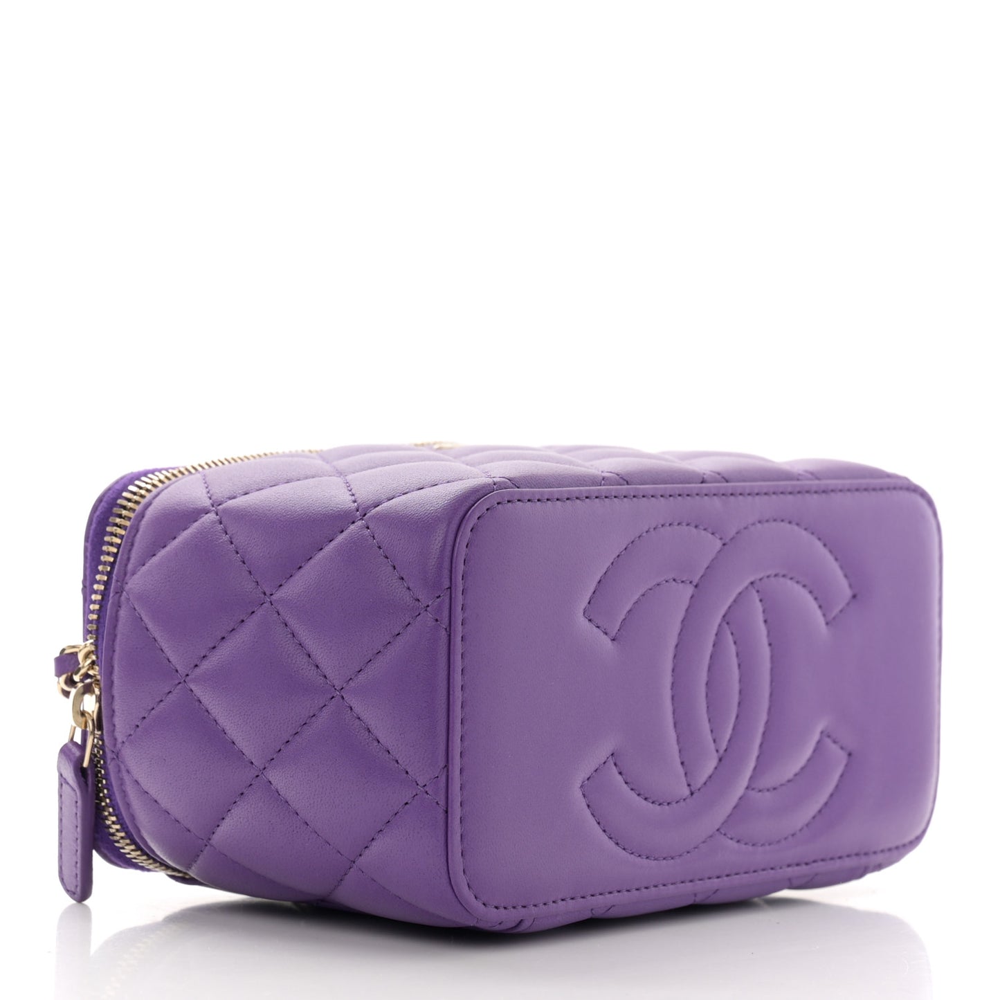 Lambskin Quilted Small Top Handle Vanity Case With Chain Purple
