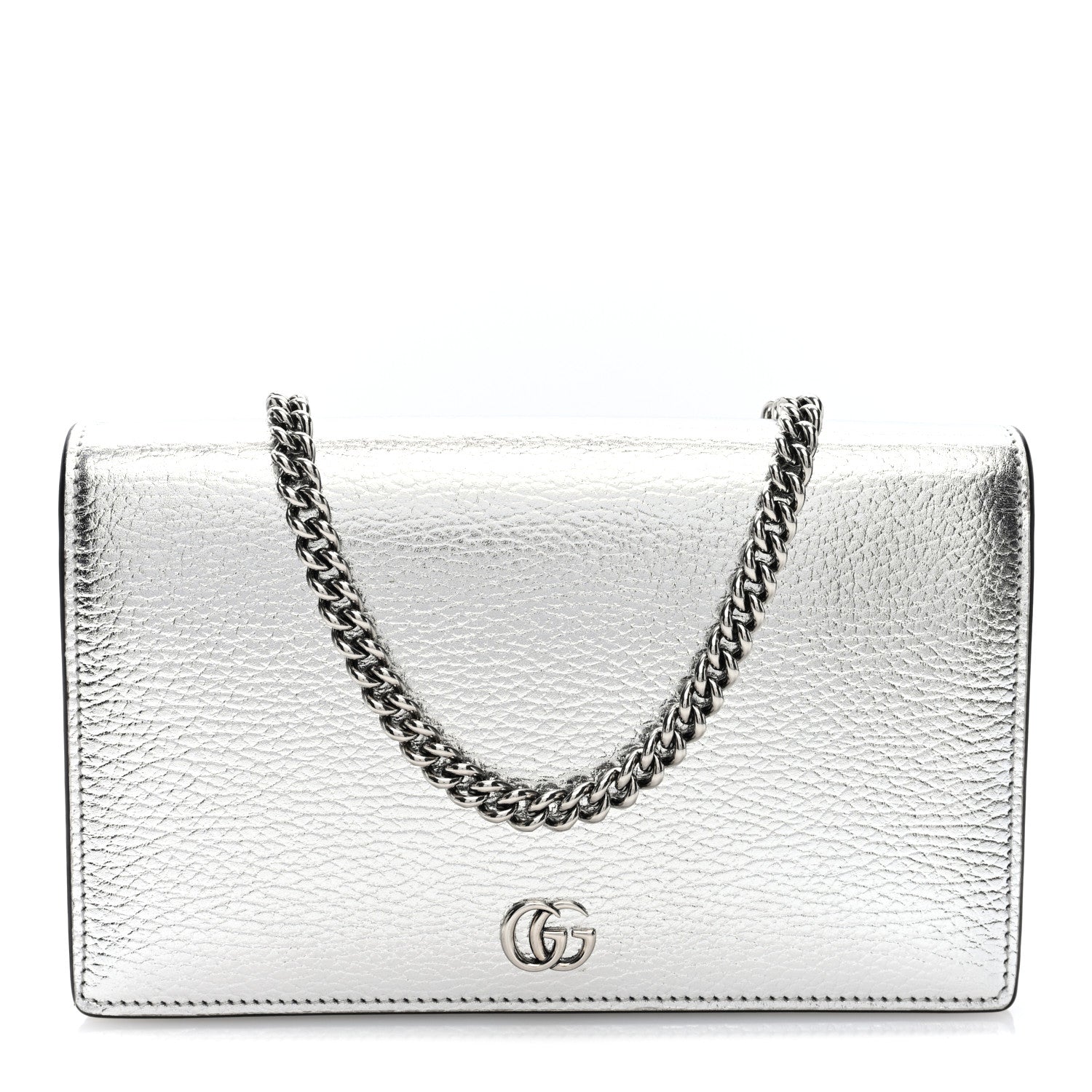 Gucci Metallic Dollar Calfskin Mini GG Marmont Chain Wallet Silver 1 of 10