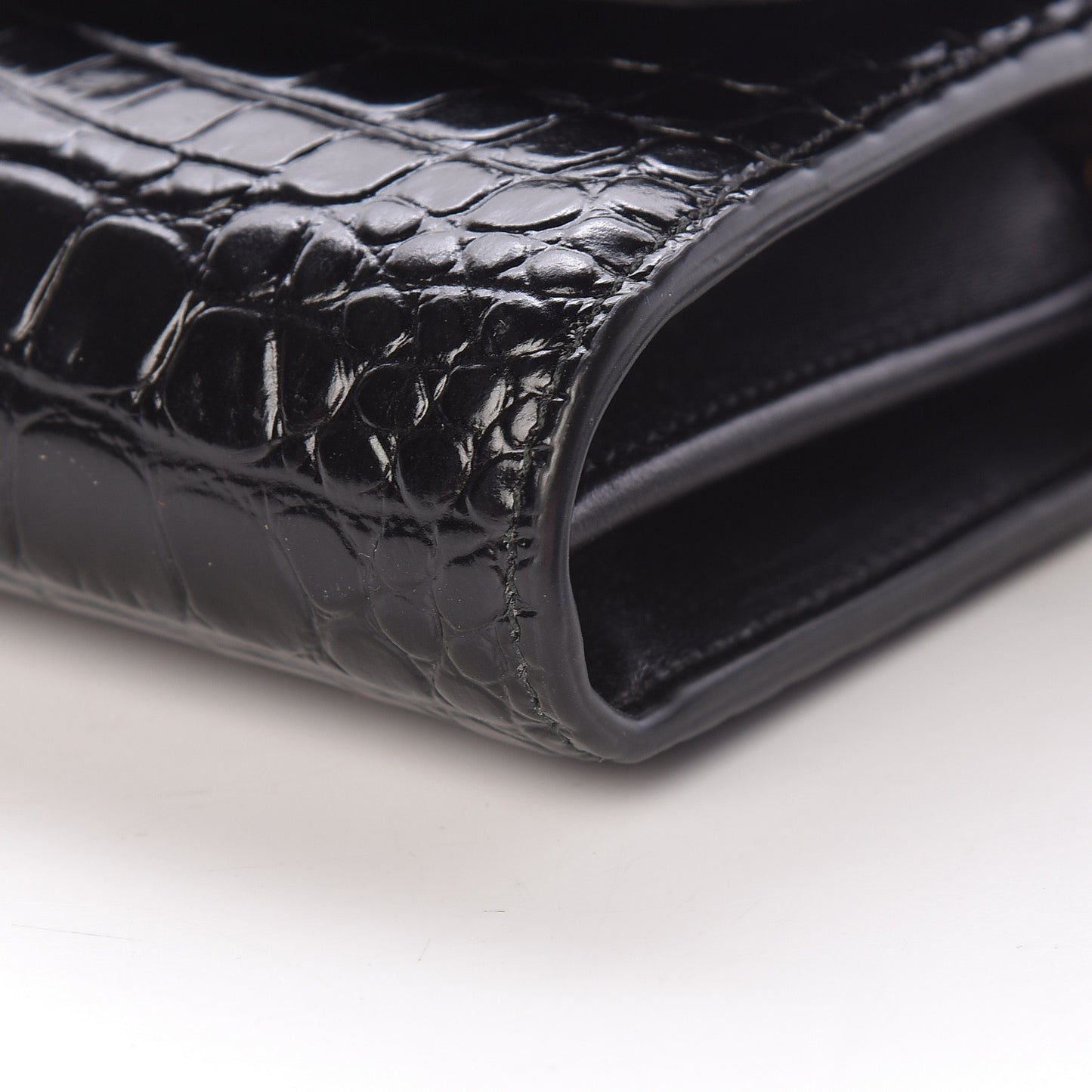 Shiny Calfskin Crocodile Embossed B Continental Chain Bag Black