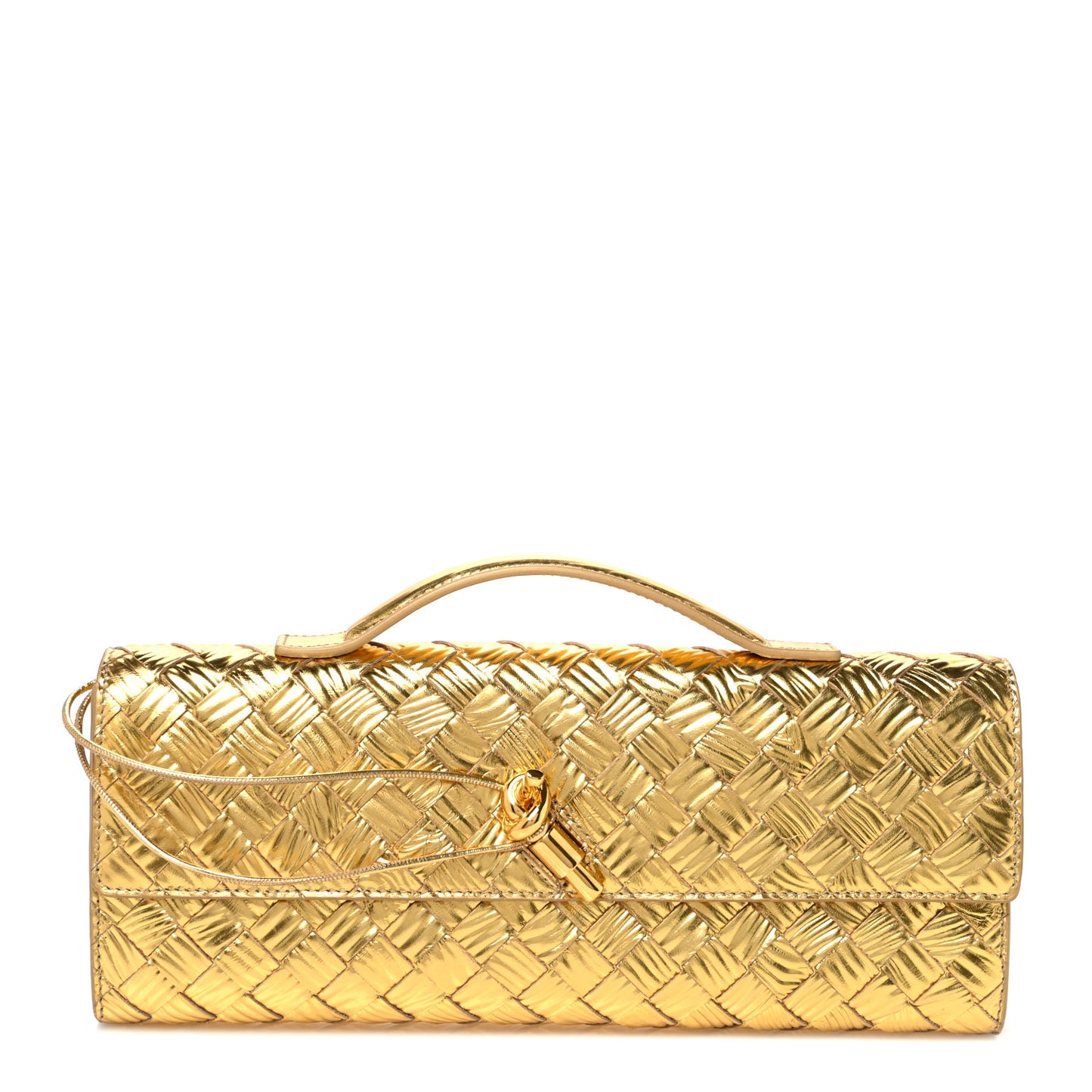 Metallic Satin Lambskin Intrecciato Long Andiamo Top Handle Clutch Gold
