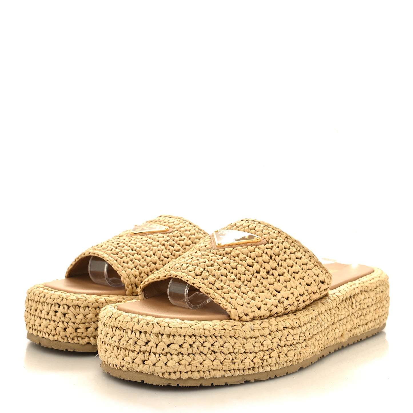 Raffia Metal Triangle Logo Woven Flatform 35mm Slide Sandals 37 Naturale