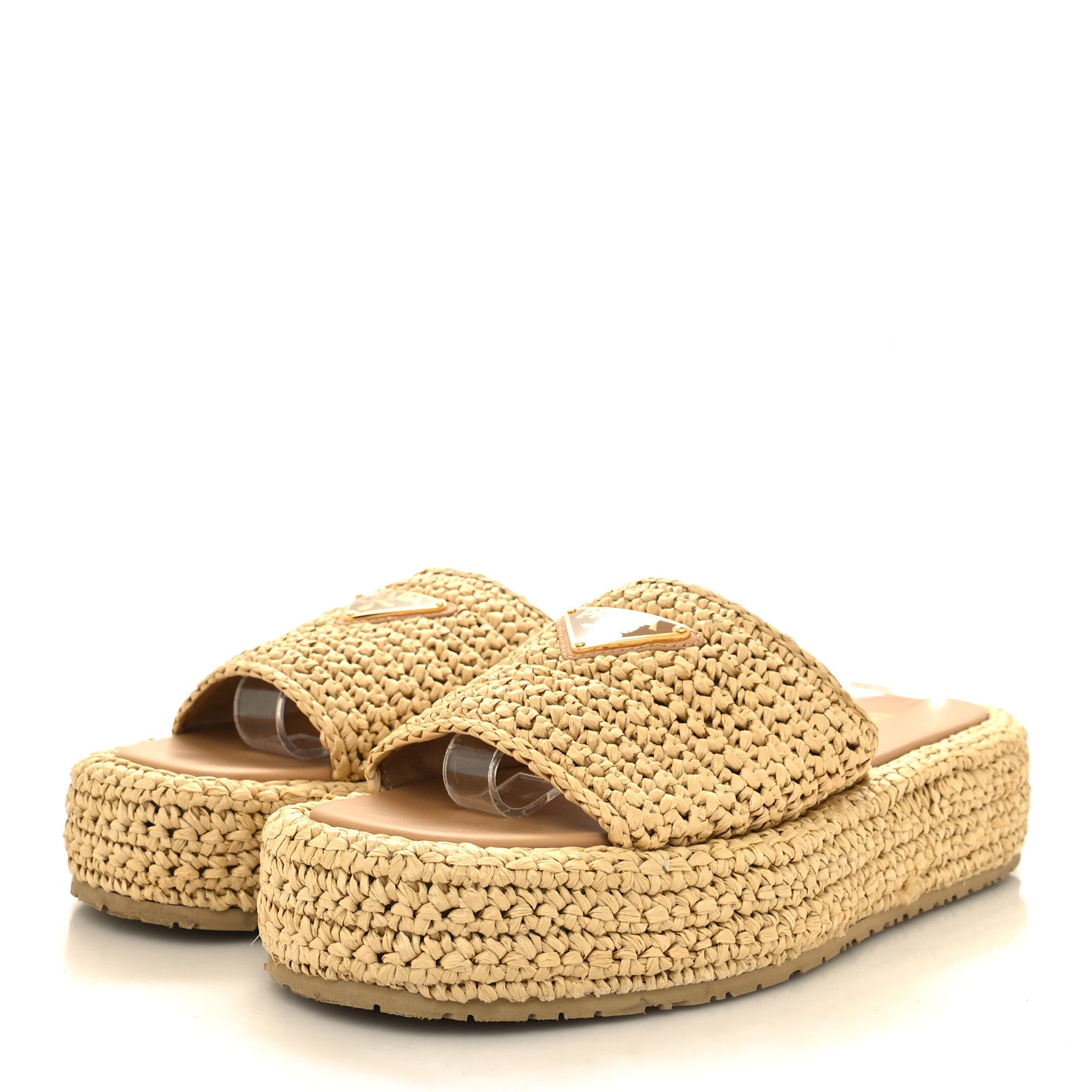 Prada Raffia Metal Triangle Logo Woven Flatform 35mm Slide Sandals 37 Naturale 3 of 10