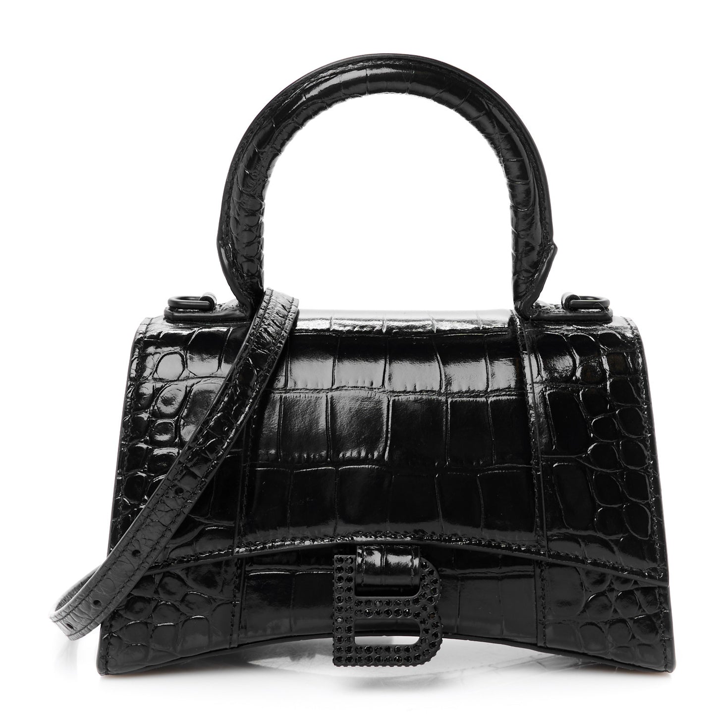 Shiny Calfskin Strass Monochrome Crocodile Embossed Hourglass Top Handle Bag XS Black