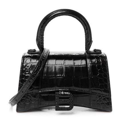 Balenciaga Shiny Calfskin Strass Monochrome Crocodile Embossed Hourglass Top Handle Bag XS Black 1 of 9