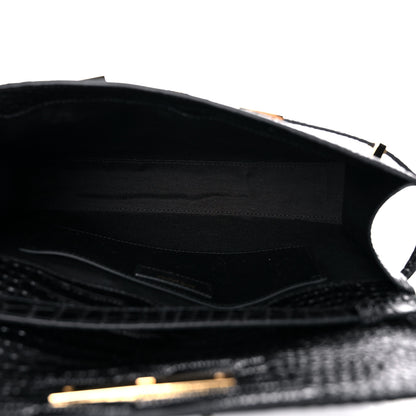 Saint Laurent Shiny Calfskin Crocodile Embossed Manhattan Baguette Black 5 of 11