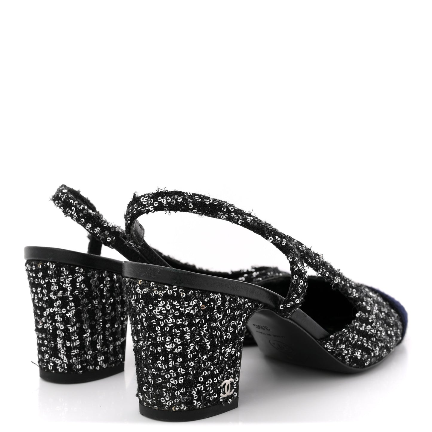 Tweed Sequin Cap Toe CC Slingback Pumps 38 Black White Silver