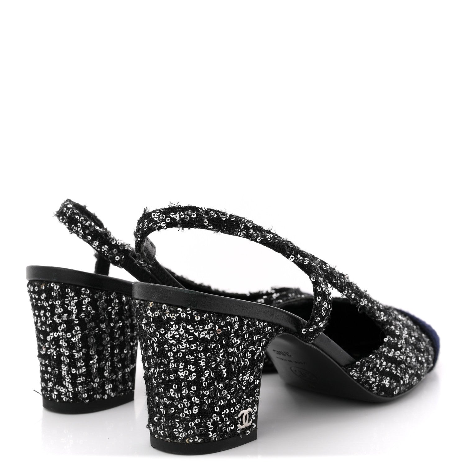 Chanel Tweed Sequin Cap Toe CC Slingback Pumps 38 Black White Silver 5 of 14