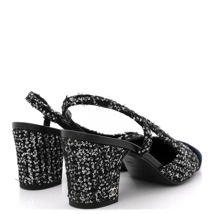 Chanel Tweed Sequin Cap Toe CC Slingback Pumps 38 Black White Silver 5 of 14