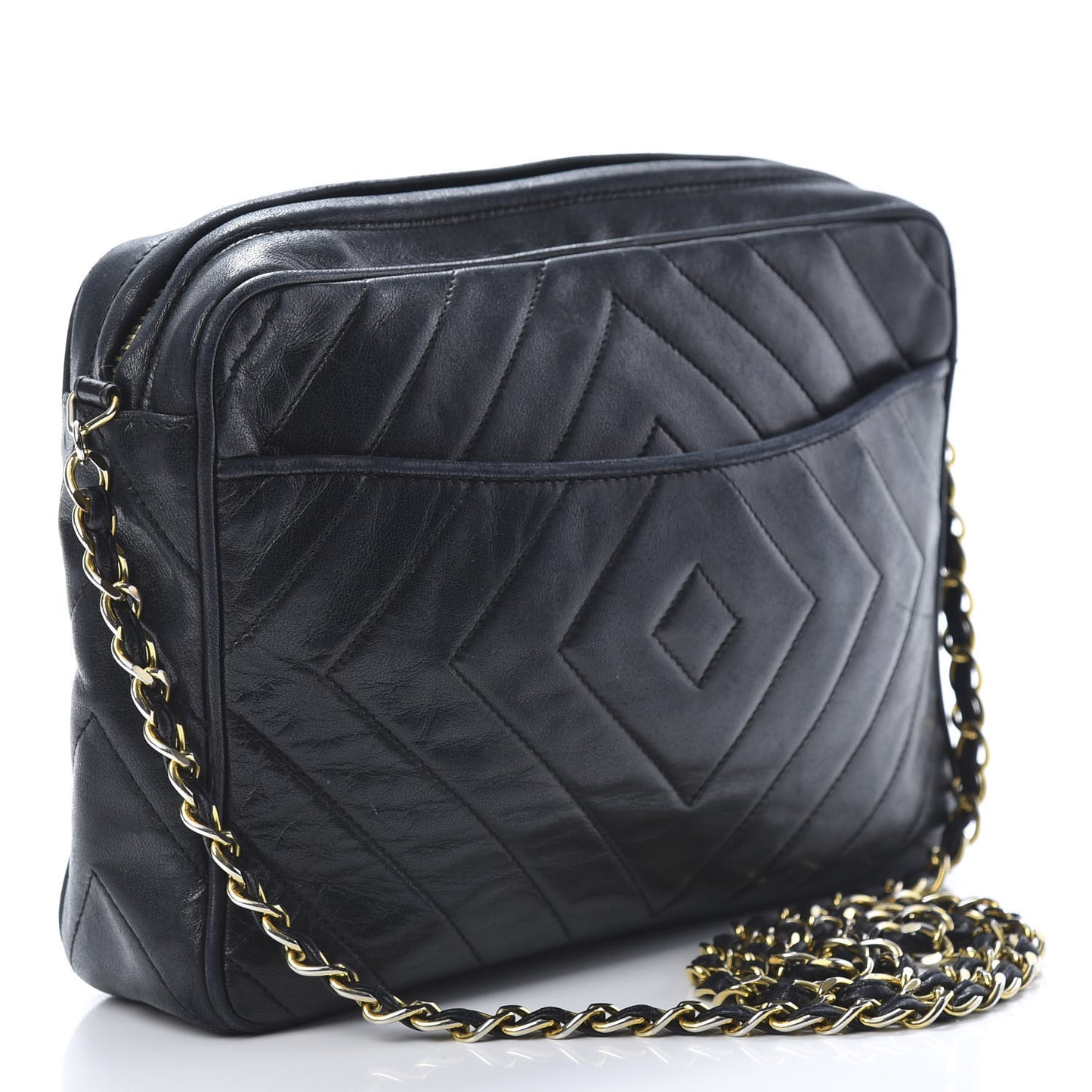 Lambskin Chevron Quilted Tassel Camera Case Black