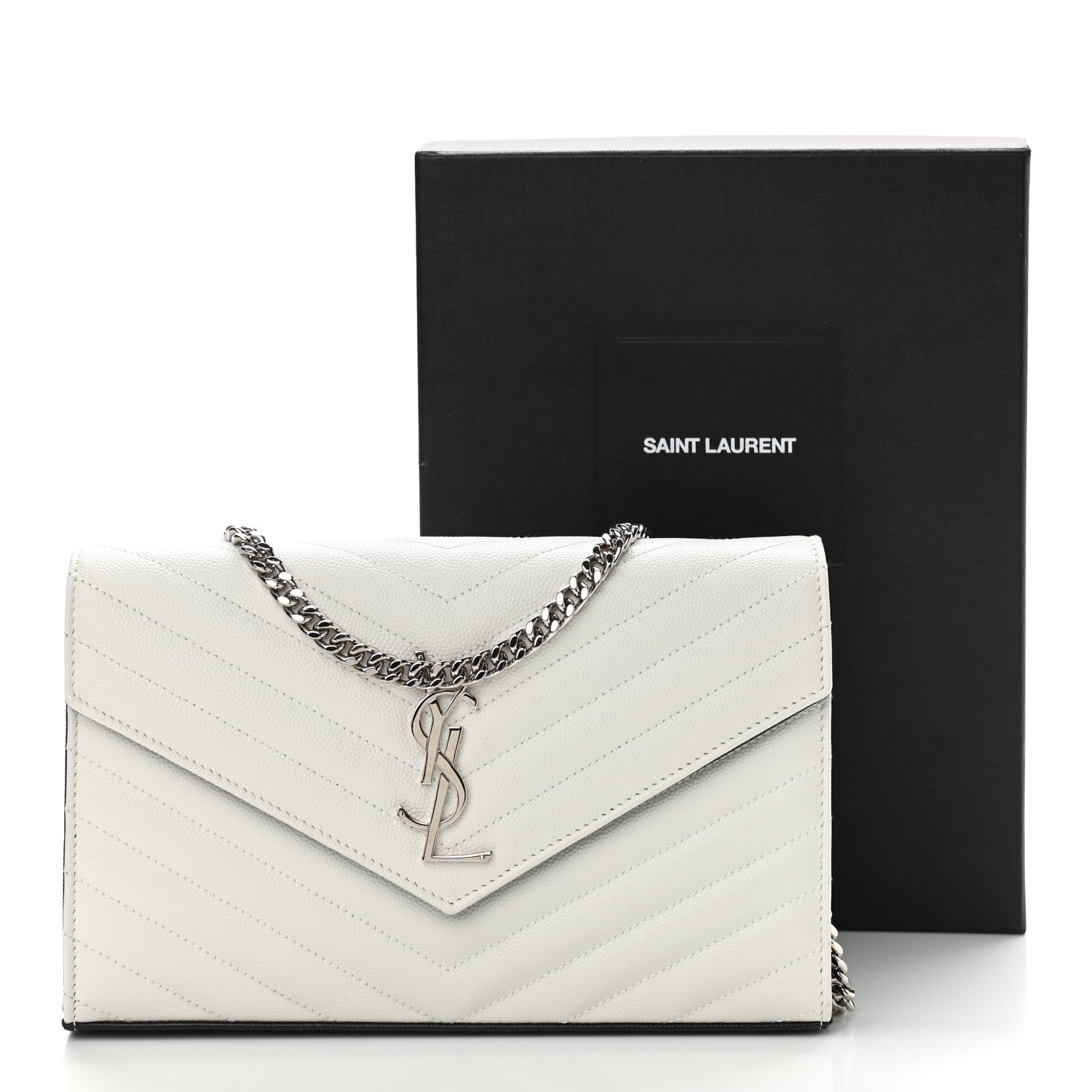 Saint Laurent Grain De Poudre Matelasse Bi-Color Chevron Monogram Chain Wallet White Black 10 of 10