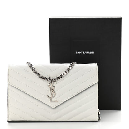 Saint Laurent Grain De Poudre Matelasse Bi-Color Chevron Monogram Chain Wallet White Black 10 of 10