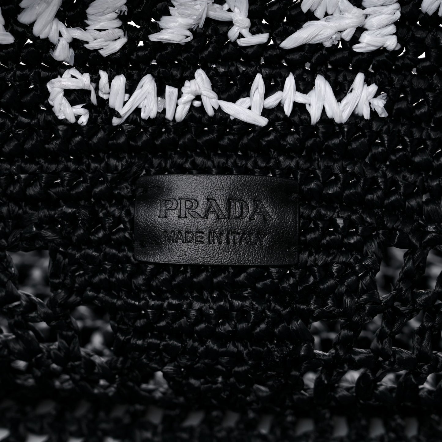 Yarn Raffia Effect Crochet Logo Embroidered Shopping Tote Bag Black