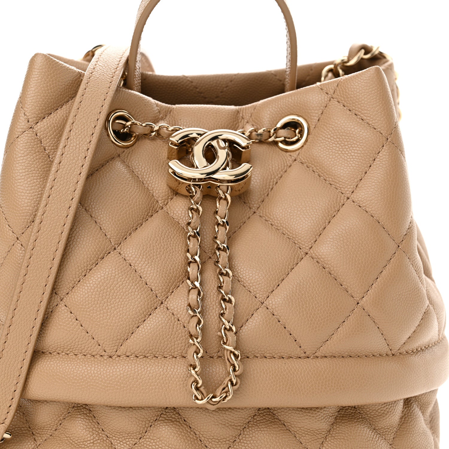 Chanel Caviar Quilted Rolled Up Bucket Drawstring Bag Beige 8 of 12