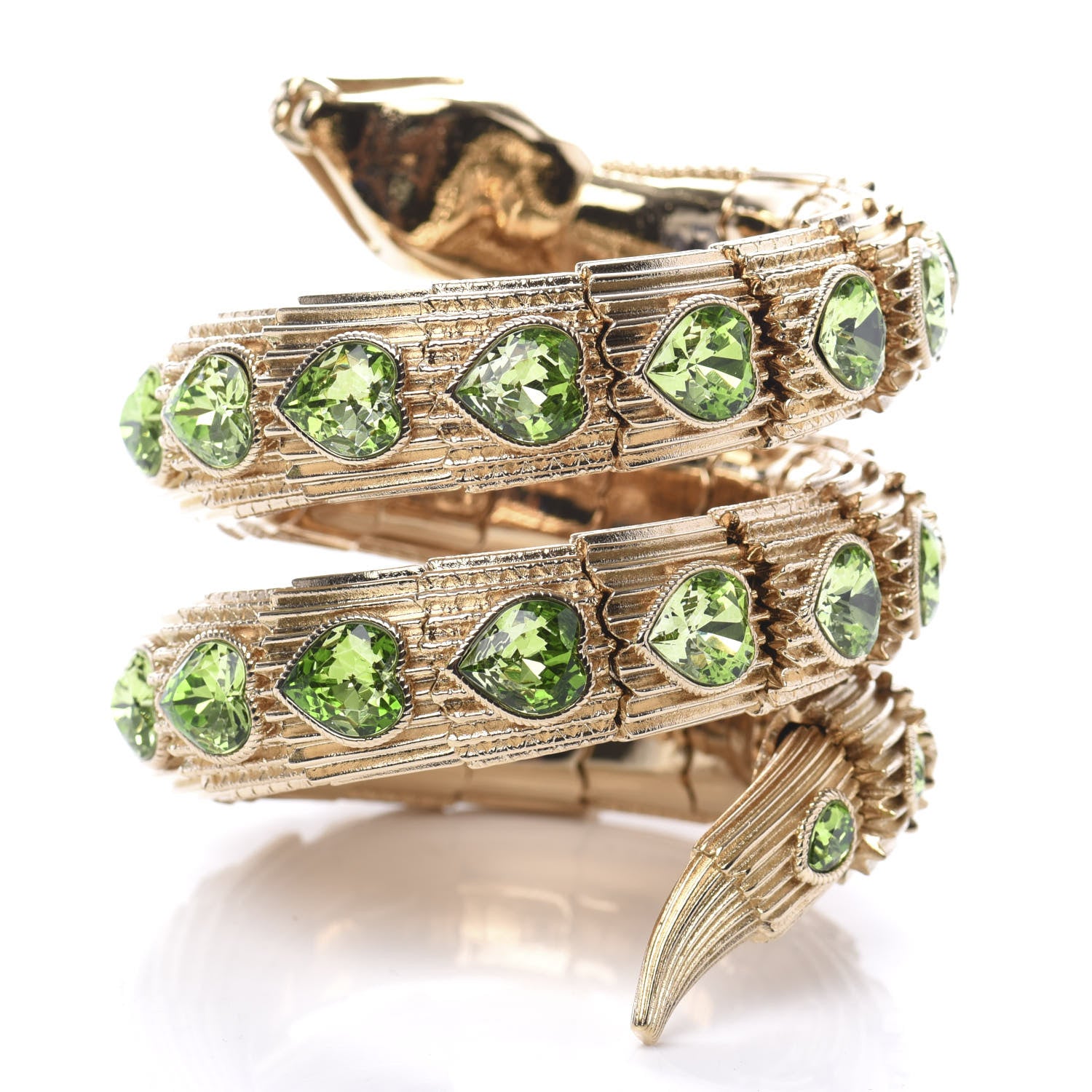 Gucci Crystal Heart Triple Wrap Snake Bracelet M Green Gold 3 of 4