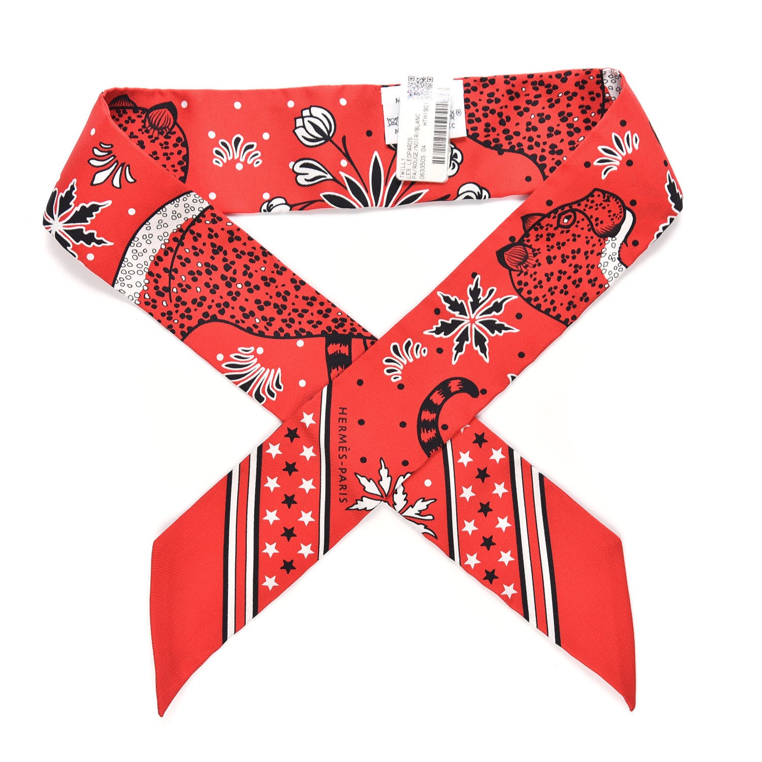 Hermes Silk Les Leopards Twilly Rouge Black White 1 of 3