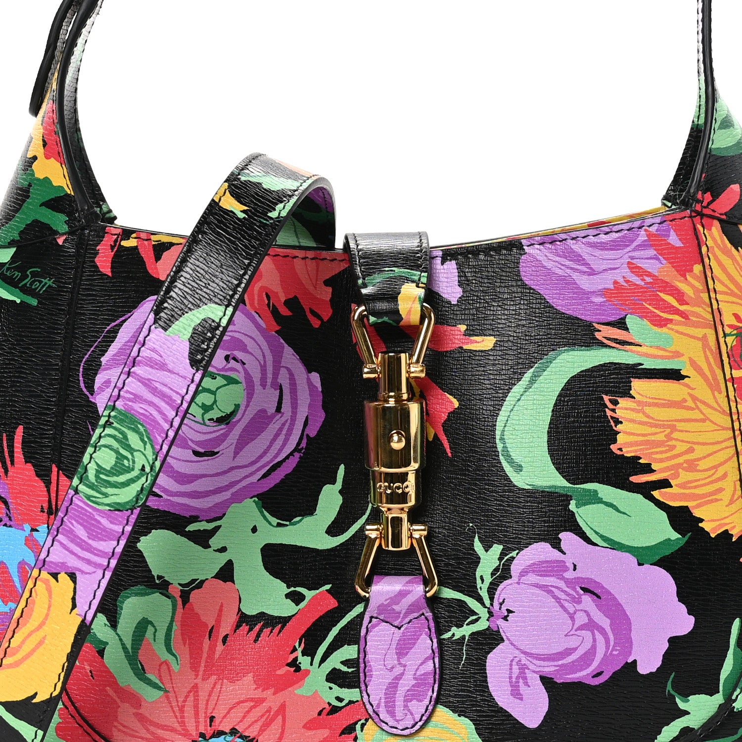 Gucci X KEN SCOTT New Shangai Calfskin Jenny Floral Print Small Jackie 1961 Hobo Black Pink 8 of 10