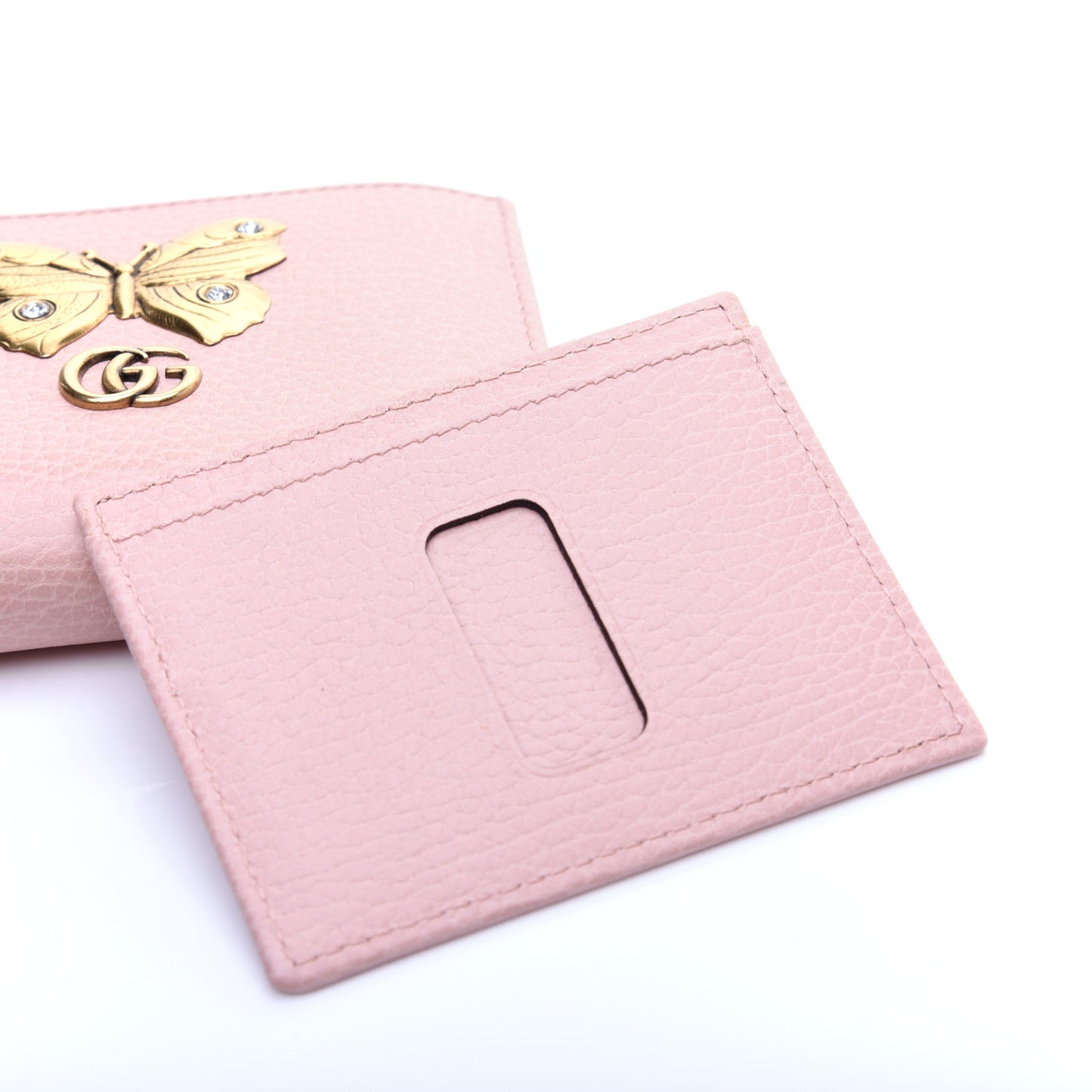 Pebbled Calfskin Butterfly Card Case Wallet Perfect Pink