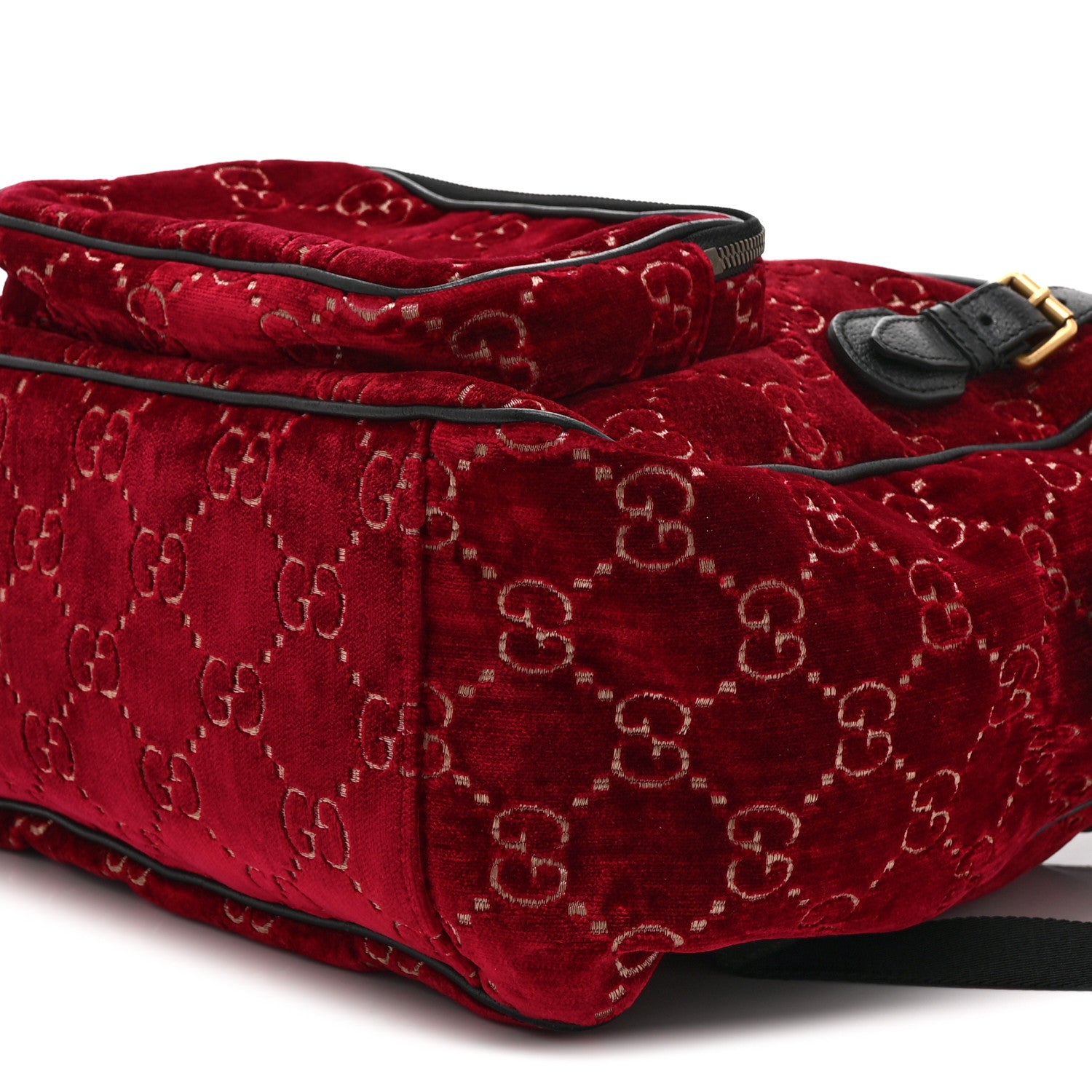 Gucci Velvet GG Monogram Textured Calfskin Web Small Double Buckle Backpack Red Cipria Black 11 of 11