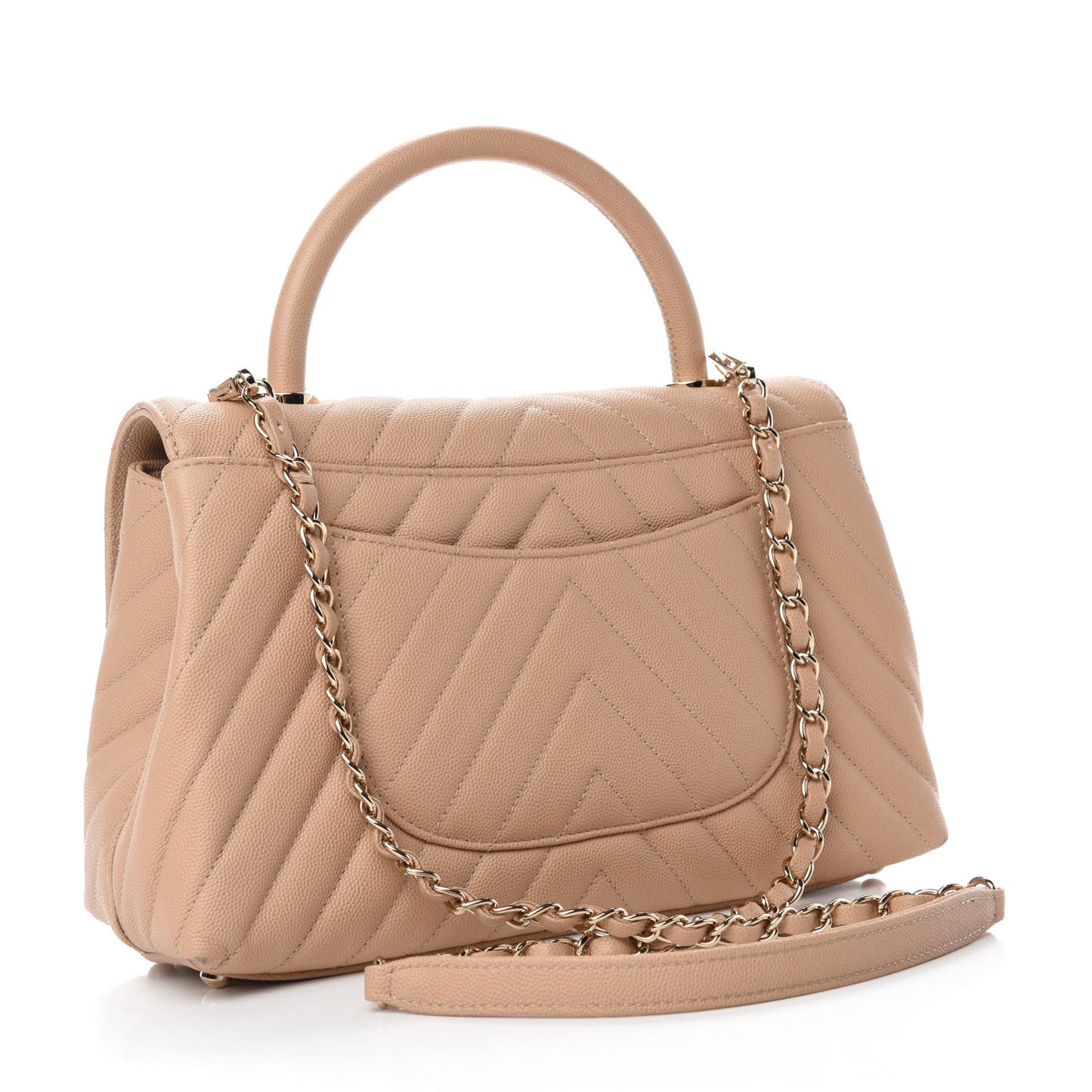 Caviar Chevron Quilted Small Coco Handle Flap Beige