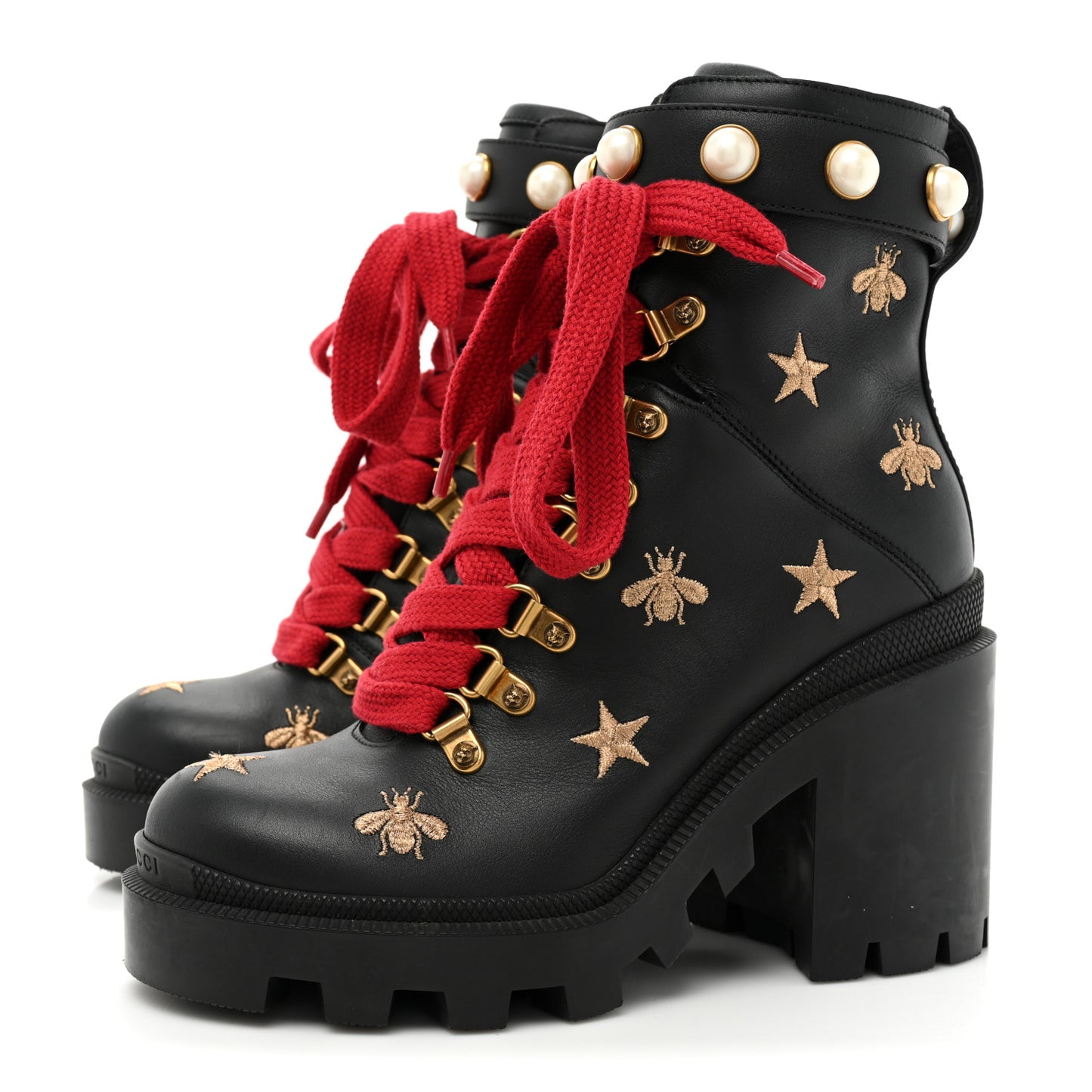 Calfskin Embroidered Lace Up Combat Ankle Boots 35.5 Black