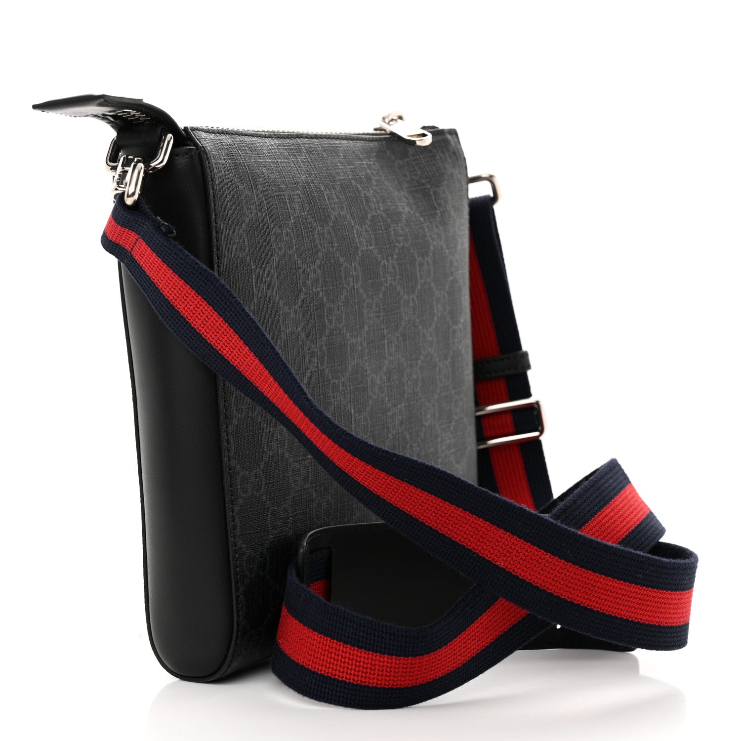 Gucci GG Supreme Monogram Web Small Flat Messenger Bag Black Grey 3 of 11