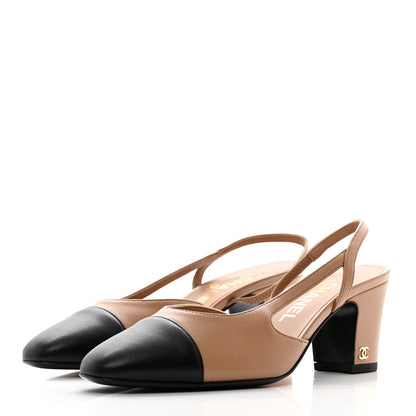 Chanel Goatskin Grosgrain Cap Toe CC Slingback Pumps 37 Beige Black 3 of 9