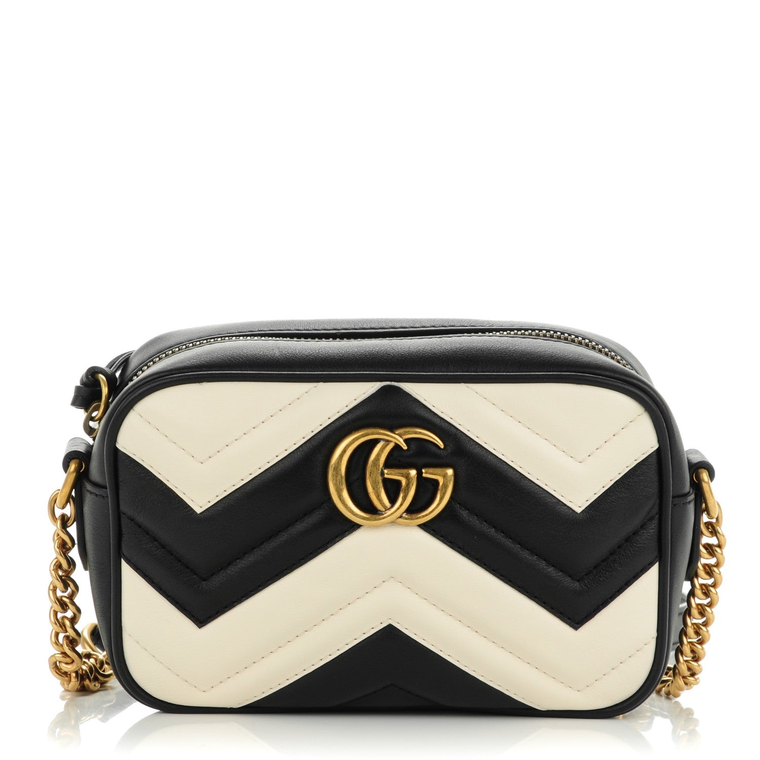 Gucci Calfskin Matelasse Mini GG Marmont Chain Shoulder Bag Black White 1 of 7