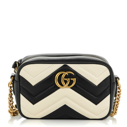 Gucci Calfskin Matelasse Mini GG Marmont Chain Shoulder Bag Black White 1 of 7
