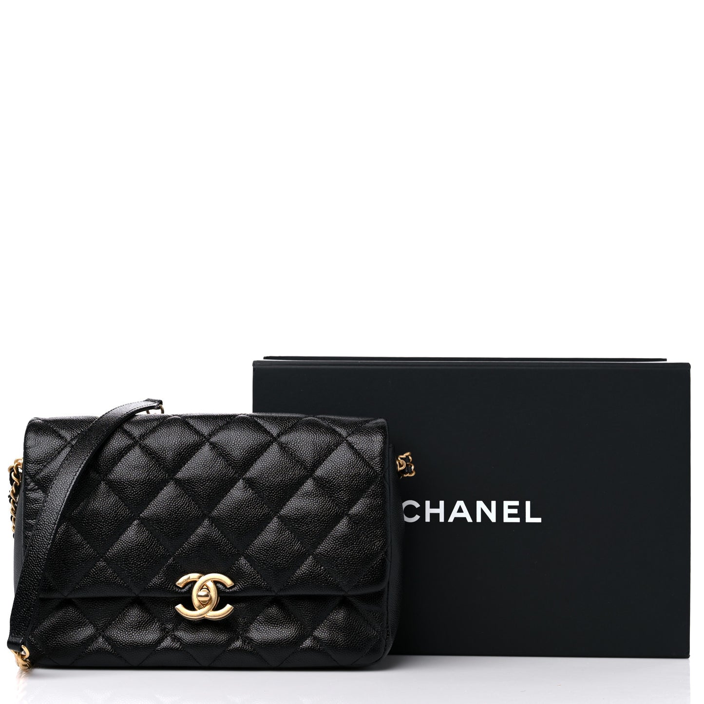 Shiny Caviar Quilted Large Chain Melody Flap Black