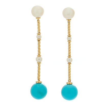 David Yurman 18K Yellow Gold Turquoise Pearl Drop Earrings 1 of 4