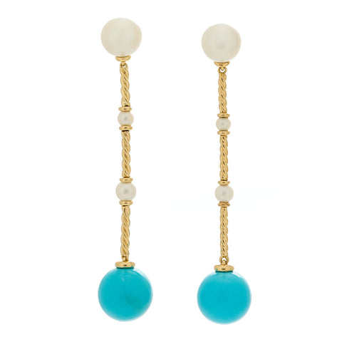 18K Yellow Gold Turquoise Pearl Drop Earrings