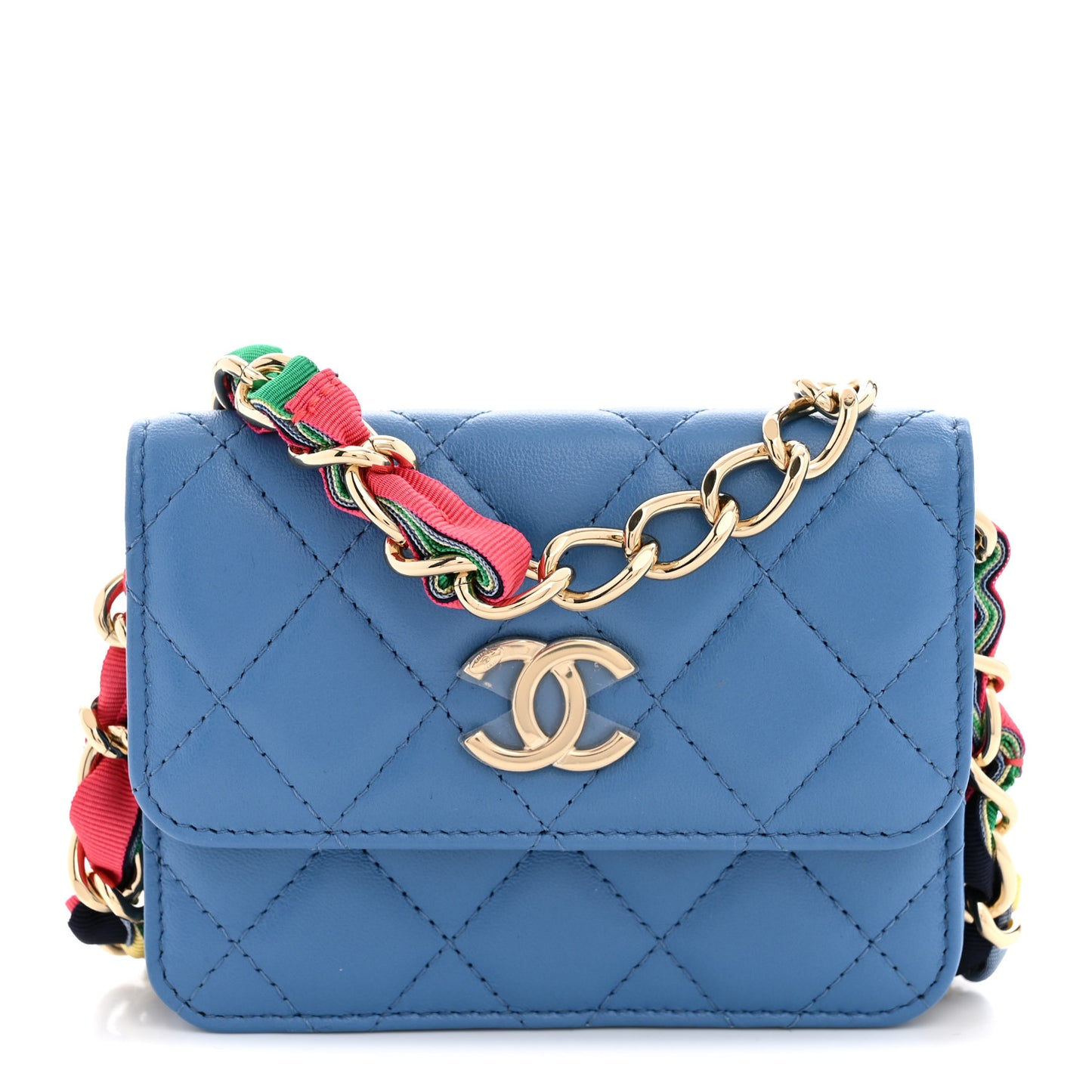 Shiny Lambskin Ribbon Quilted Flap Belt Bag Blue