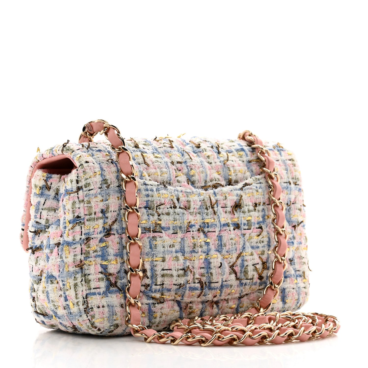 Chanel Tweed Quilted Mini Rectangular Flap Light Blue Pink Gold White 3 of 11
