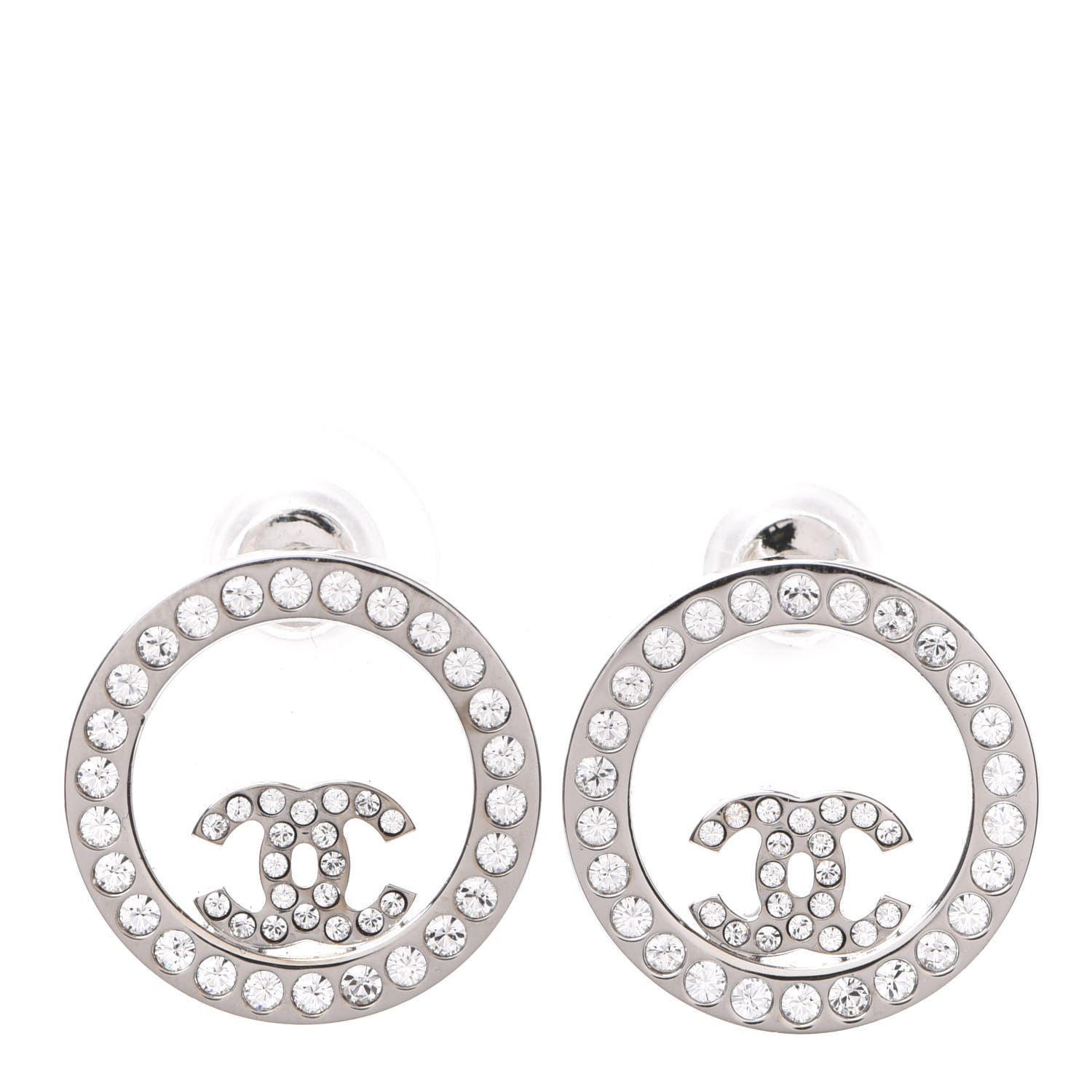 Chanel Crystal CC Round Earrings Silver 1 of 5
