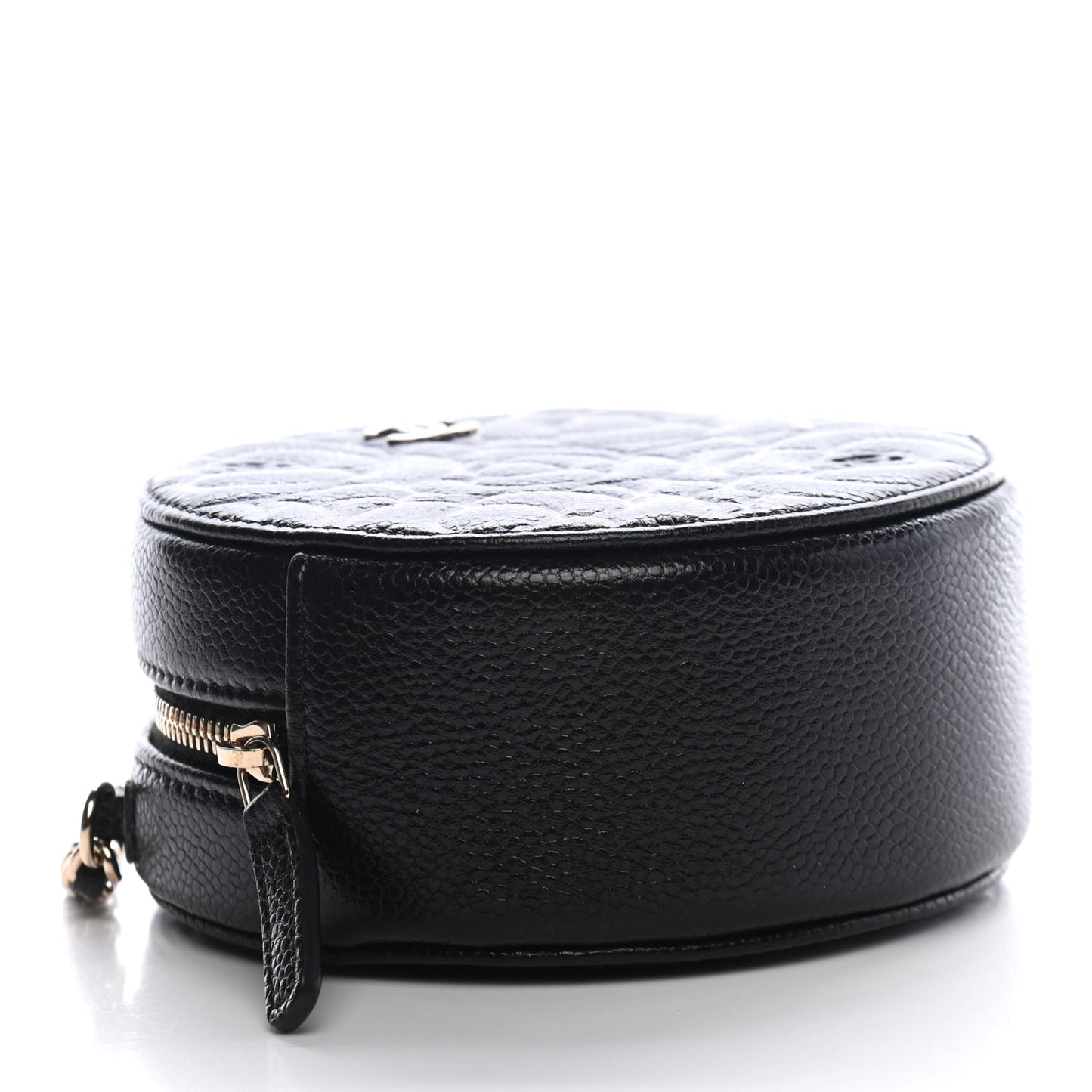 Caviar Camellia Embossed Round Clutch With Chain Black