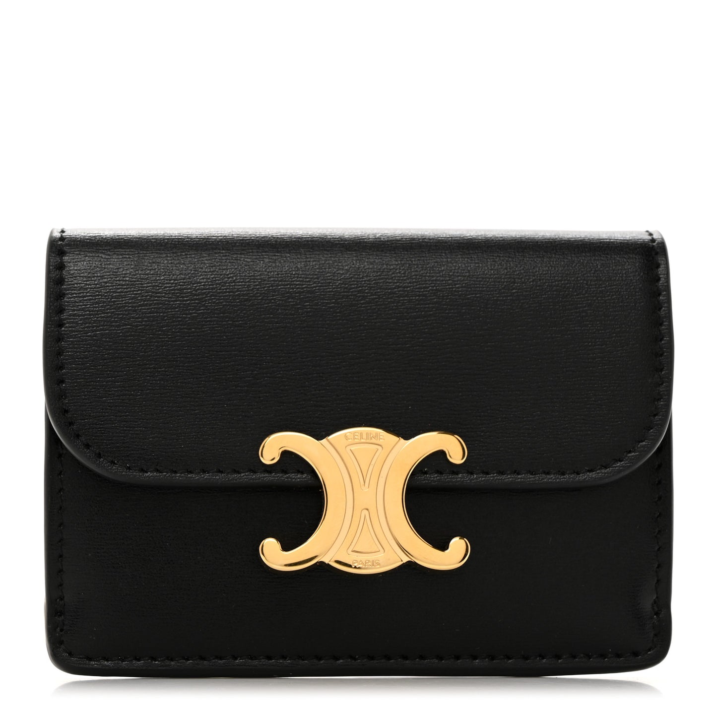 Shiny Calfskin Triomphe Flap Card Holder Black