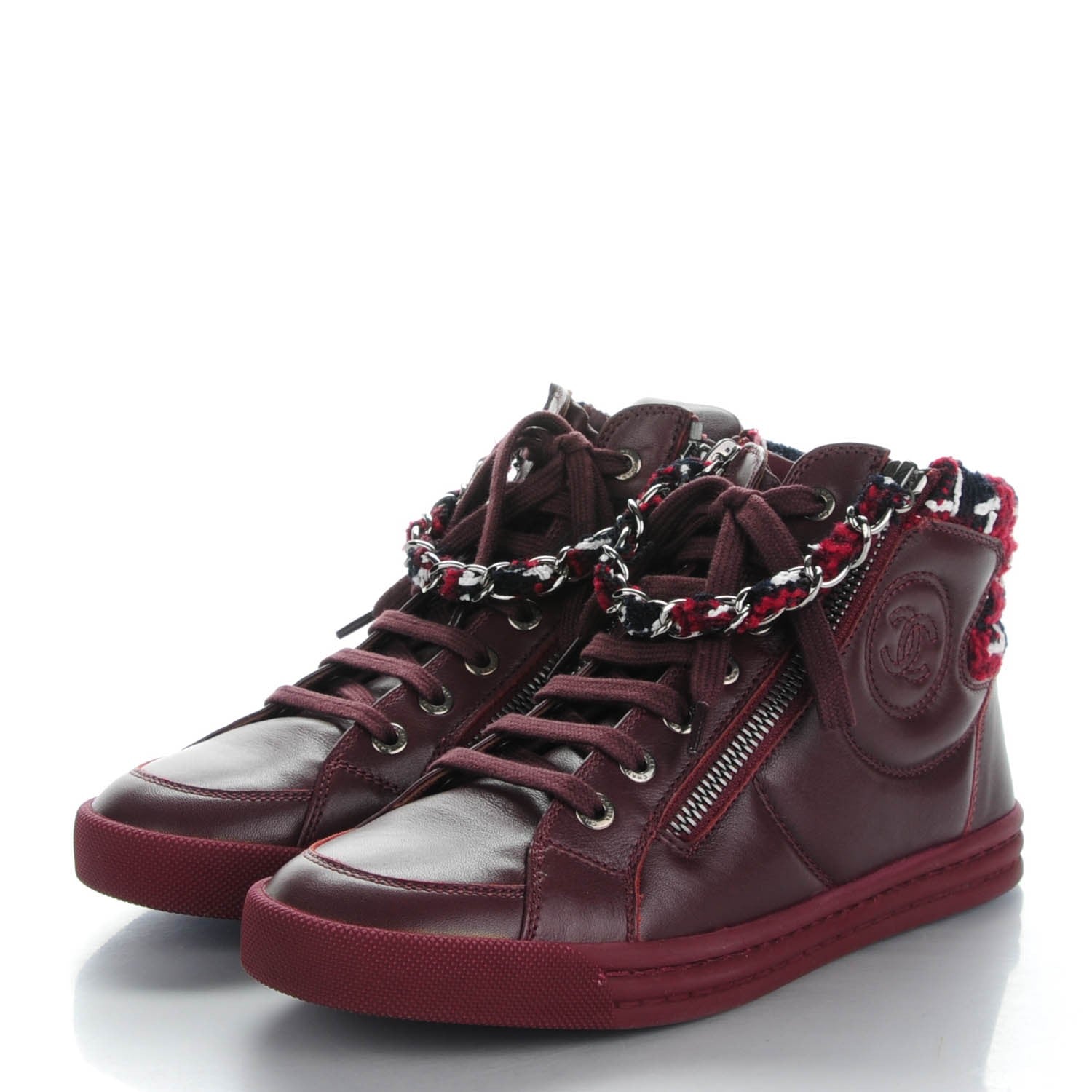 Chanel Lambskin Tweed Chain CC Sneakers 36 Burgundy Navy White 3 of 9