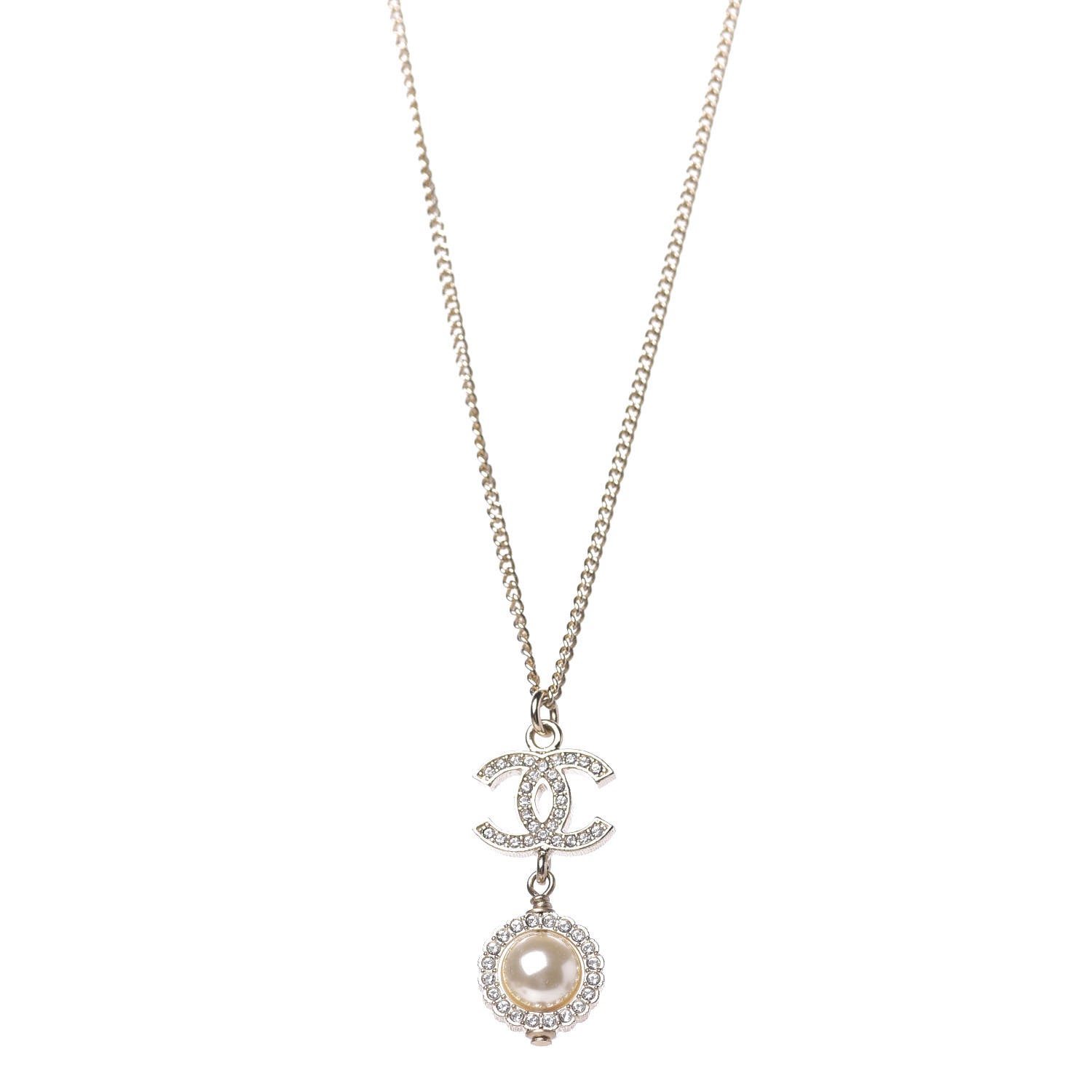 Chanel Crystal Pearl CC Lace Camellia Necklace Gold 1 of 8